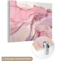 MuchoWow Glasschilderij 160x120 cm - Schilderij acrylglas - Goud - Marmer - Roze - Foto op glas - Schilderijen