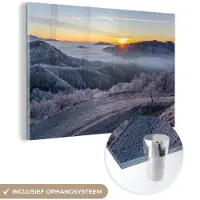 MuchoWow Glasschilderij 180x120 cm - Schilderij acrylglas - Winter - Bergen - Zon - Avond - Foto op glas - Schilderijen
