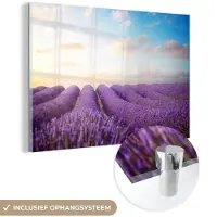 MuchoWow Glasschilderij 180x120 cm - Schilderij acrylglas - Lavendel - Lucht - Wolken - Bloemen - Foto op glas - Schilderijen