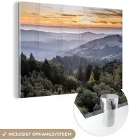 MuchoWow Glasschilderij 180x120 cm - Schilderij acrylglas - Bergen - Zon - Bos - Landschap - Foto op glas - Schilderijen