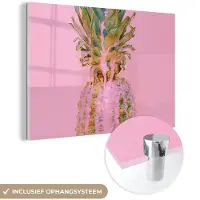 MuchoWow Glasschilderij 180x120 cm - Schilderij acrylglas - Verf - Ananas - Roze - Zomer - Foto op glas - Schilderijen