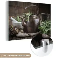 MuchoWow Glasschilderij 180x120 cm - Schilderij acrylglas - Thee - Theepot - Kruiden - Foto op glas - Schilderijen