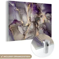MuchoWow Glasschilderij 180x120 cm - Schilderij acrylglas - Goud - Paars - Marmer - Foto op glas - Schilderijen