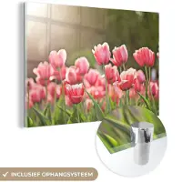 MuchoWow Glasschilderij 180x120 cm - Schilderij acrylglas - Tulpen - Zon - Lente - Foto op glas - Schilderijen