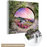 MuchoWow Glasschilderij 20x20 cm - Schilderij acrylglas - Landschap - Bloemen - Doorkijk - Berg - Foto op glas - Muurdecoratie woonkamer - Wanddecoratie slaapkamer - Schilderijen