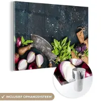 MuchoWow Glasschilderij 60x40 cm - Schilderij acrylglas - Groente - Kruiden - Wiegemes - Ui - Specerijen - Rustiek - Foto op glas - Schilderijen