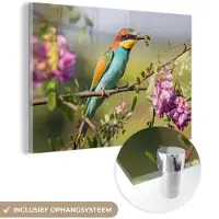 MuchoWow Glasschilderij 60x40 cm - Schilderij acrylglas - Vogel - Bijeneter - Bloemen - Foto op glas - Schilderijen