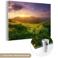 MuchoWow Glasschilderij 30x20 cm - Schilderij acrylglas - Bergen - Zon - Natuur - Foto op glas - Schilderijen