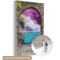 MuchoWow Glasschilderij 20x30 cm - Schilderij acrylglas - Bloemen - Regenboog - Waterval - Doorkijk - Foto op glas - Muurdecoratie woonkamer - Wanddecoratie slaapkamer - Schilderijen