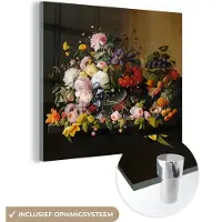 MuchoWow Glasschilderij 20x20 cm - Schilderij acrylglas - Stilleven met bloemen en fruit - Kunstwerk - Oude meesters - Foto op glas - Schilderijen