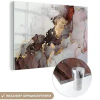 MuchoWow Glasschilderij 30x20 cm - Schilderij acrylglas - Rood - Marmer - Goud - Foto op glas - Schilderijen