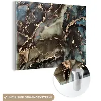 MuchoWow Glasschilderij 40x30 cm - Schilderij acrylglas - Marmer - Goud - Groen - Foto op glas - Schilderijen