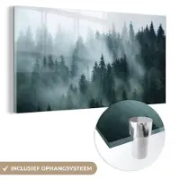 MuchoWow Glasschilderij 40x20 cm - Schilderij acrylglas - Mist - Bomen - Bos - Foto op glas - Schilderijen