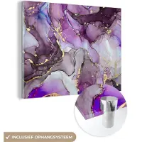 MuchoWow Glasschilderij 40x30 cm - Schilderij acrylglas - Marmer - Roze - Paars - Gold - Foto op glas - Schilderijen