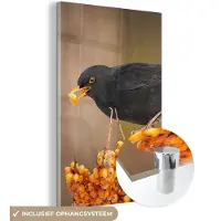MuchoWow Glasschilderij - Foto op glas - Vogel - Merel - Winter - IJs - Bes - Acrylglas - 120x180 cm - Glasschilderij vogels - Muurdecoratie - Glasschilderij natuur - Wanddecoratie - Woonkamer