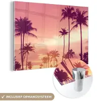 MuchoWow - Glasschilderij - Foto op glas - Acrylglas - Palmboom - Roze - Zon - 30x20 cm - Glasschilderij natuur - Schilderij glas - Woondecoratie - Woonkamer