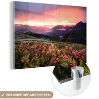 MuchoWow Glasschilderij 180x120 cm - Schilderij acrylglas - Bloemen - Bergen - Landschap - Nacht - Lucht - Roze - Foto op glas - Muurdecoratie woonkamer - Wanddecoratie slaapkamer - Schilderijen