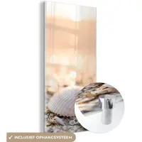 MuchoWow Glasschilderij - Wanddecoratie - Schelpen - Strand - Zon - Acrylplaat - Glasschilderij natuur - Foto op glas - Glasschilderij strand - Acrylglas - 60x120 cm - Schilderijen woonkamer - Muurdecoratie