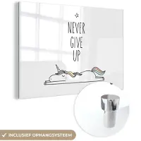 MuchoWow Glasschilderij 180x120 cm - Schilderij acrylglas - Unicorn - Kinderen - Quotes - Never give up - Meisjes - Foto op glas - Schilderijen