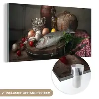 MuchoWow Glasschilderij 120x60 cm - Schilderij acrylglas - Rustiek - Vis - Stilleven - Groente - Kruiden - Foto op glas - Schilderijen