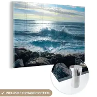 MuchoWow Glasschilderij 180x120 cm - Schilderij acrylglas - Zee - Stenen - Zon - Foto op glas - Muurdecoratie woonkamer - Wanddecoratie slaapkamer - Schilderijen