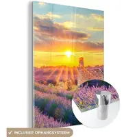MuchoWow Glasschilderij - Foto op glas - Lavendel - Zonsondergang - Bloemen - Wolken - 120x160 cm - Acrylglas - Muurdecoratie glas - Schilderij glas - Kamerdecoratie - Glasschilderij bloemen