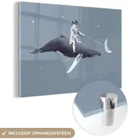 MuchoWow Glasschilderij 90x60 cm - Schilderij acrylglas - Ruimte - Jongen - Maan - Walvis - Foto op glas - Schilderijen