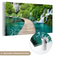 MuchoWow Glasschilderij - Schilderij natuur - Waterval - Brug - Rots - Acrylplaat - Foto op glas - Glazen schilderij - 120x60 cm - Acrylglas - Muurdecoratie