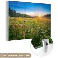 MuchoWow Glasschilderij 60x40 cm - Schilderij acrylglas - Zon - Gras - Bloemen - Foto op glas - Schilderijen