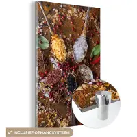 MuchoWow Glasschilderij 120x180 cm - Schilderij acrylglas - Specerijen - Kruiden - Lepels - Zout - Bruin - Keuken - Foto op glas - Schilderijen