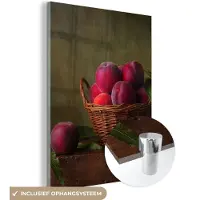 MuchoWow Glasschilderij 60x80 cm - Schilderij acrylglas - Mand - Pruim - Roze - Rustiek - Fruit - Stilleven - Foto op glas - Schilderijen