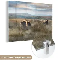 MuchoWow Glasschilderij 60x40 cm - Schilderij acrylglas - Schotse Hooglanders - Mist - Gras - Foto op glas - Schilderijen