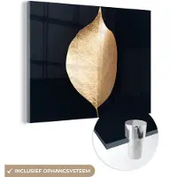 MuchoWow Glasschilderij 160x120 cm - Schilderij acrylglas - Bladeren - Goud - Zwart - Planten - Luxe - Foto op glas - Schilderijen