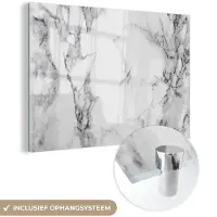 MuchoWow Glasschilderij 60x40 cm - Schilderij acrylglas - Marmer - Steen - Wit - Grijs - Zwart - Marmerlook - Foto op glas - Schilderijen
