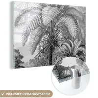 MuchoWow Glasschilderij 90x60 cm - Schilderij acrylglas - Planten - Zwart wit - Design - Illustratie - Botanisch - Foto op glas - Schilderijen