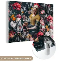 MuchoWow Glasschilderij 60x40 cm - Schilderij acrylglas - Melkmeisje - Johannes Vermeer - Bloemen - Foto op glas - Schilderijen