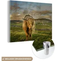 MuchoWow Glasschilderij 160x120 cm - Schilderij acrylglas - Schotse Hooglander - Gras - Berg - Foto op glas - Schilderijen