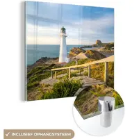 MuchoWow Glasschilderij 20x20 cm - Schilderij acrylglas - Zee - Vuurtoren - Wit - Foto op glas - Muurdecoratie woonkamer - Wanddecoratie slaapkamer - Schilderijen