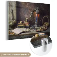 MuchoWow Glasschilderij 180x120 cm - Schilderij acrylglas - Boek - Stilleven - Walnoot - Lantaarn - Vintage - Foto op glas - Schilderijen