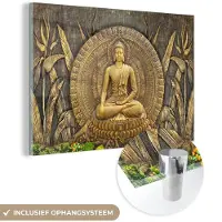 MuchoWow - Glasschilderij - Foto op glas - Boeddha - Zen - Brons - Buddha beeld - Muurdecoratie Boeddha - Wanddecoratie - 180x120 cm - Schilderij glas - Acrylglas