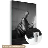 MuchoWow Glasschilderij - Foto op glas - Acrylglas - Dieren - Nijlpaard - Water - Zwart - Wit - Muurdecoratie - 120x160 cm - Wanddecoratie dieren - Schilderij glas