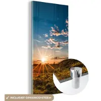 MuchoWow - Glasschilderij - Foto op glas - Gras - Zonsondergang - Wolken - Natuur - 80x160 cm - Wanddecoratie - Acrylglas - Schilderij natuur - Schilderij glas