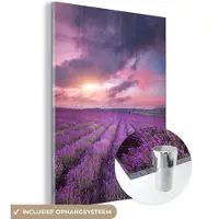 MuchoWow - Glasschilderij - Foto op glas - Acrylglas - Bloemen - Lavendel - Zon - Wolken - Paars - Schilderij glas - 120x160 cm - Glasschilderij natuur - Schilderij paars