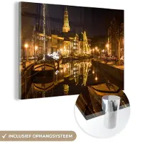 MuchoWow Glasschilderij 60x40 cm - Schilderij acrylglas - Groningen - Nacht - Lichten - Foto op glas - Schilderijen
