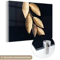 MuchoWow Glasschilderij 150x100 cm - Schilderij acrylglas - Bladeren - Zwart - Goud - Luxe - Planten - Foto op glas - Schilderijen