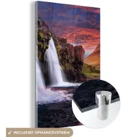MuchoWow Glasschilderij - Foto op glas - IJsland - Waterval - Berg - Acrylglas - Muurdecoratie - Schilderij waterval - Schilderij glas - 40x60 cm - Wanddecoratie