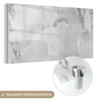 MuchoWow Glasschilderij 80x40 cm - Schilderij acrylglas - Marmer - Steen - Wit - Grijs - Marmerlook - Foto op glas - Schilderijen