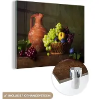 MuchoWow Glasschilderij 160x120 cm - Schilderij acrylglas - Rustiek - Fruit - Kan - Mand - Stilleven - Foto op glas - Schilderijen