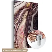 MuchoWow Glasschilderij 60x90 cm - Schilderij acrylglas - Marmer - Roze - Goud - Glitter - Marmerlook - Foto op glas - Schilderijen