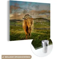 MuchoWow Glasschilderij 160x120 cm - Schilderij acrylglas - Schotse Hooglander - Gras - Berg - Foto op glas - Schilderijen